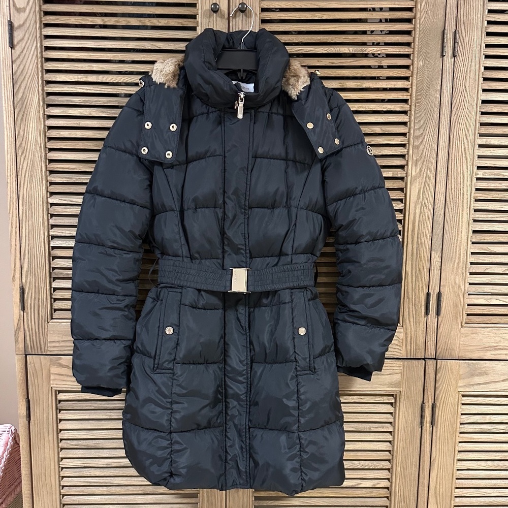 Calvin Klein Belted Hooded Puffer Coat with Faux Fur Lining Size XS Black